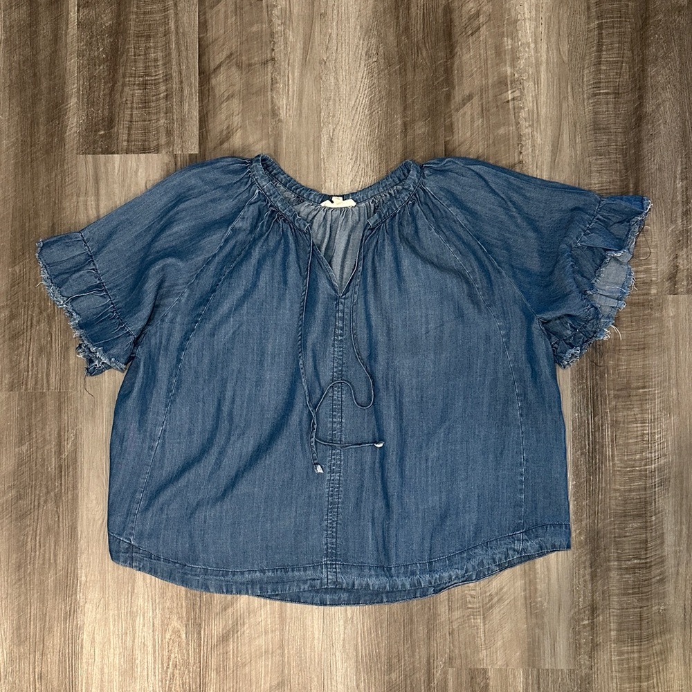 Easel Wing Sleeve Light Denim Tie Neck Top - Medium
